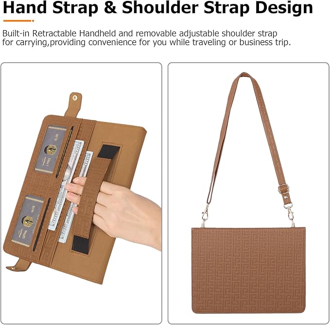 Dteck Galaxy Tab S10/S9/S8 14.6-inch Brown PU Leather Case with S Pen Holder Folio Stand Crossbody Shoulder Strap Card Pocket Magnetic Envelope