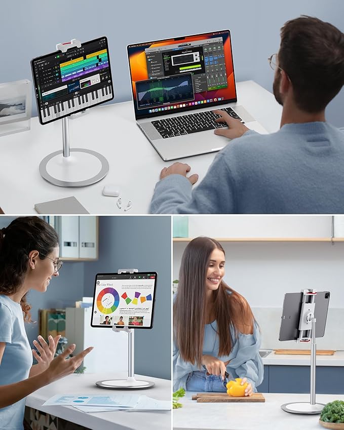 SAIJI Tablet Stand Holder Extra-Height Adjustable Kindle Stand 360 Degree Rotating iPad Holder Aluminum Alloy Cradle Mount Dock for 4.7-15.6 iPhone Samsung Tablets Portable Monitor (Silver)