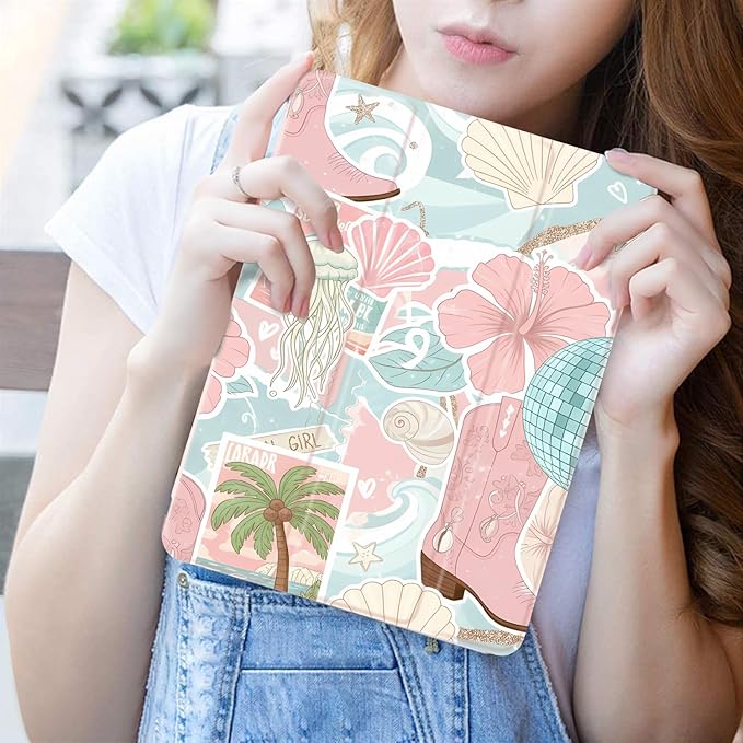 JOYLAND Beach Floral Case for iPad 9th/8th/7th Generation 10.2 inch (2021/2020/2019) with Pencil HolderTrifold Stand Protective Cover with Soft TPU BackPink