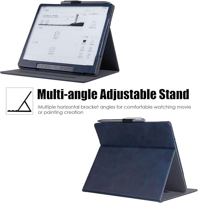 BOZHUORUI Case for Penstar eNote 2 Paper TabletPU Leather Protective Folio Cover with Auto Sleep Wake Multiple Viewing Angles Stand Cover with Hand Strap (Dark Blue)