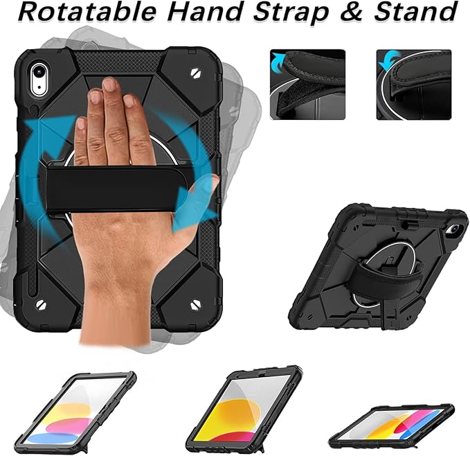Weuiean Case for iPad A16 11th/10th Generation 11/10.9 Military-Grade Heavy-Duty Shockproof Cover with 360° Rotating Stand Built-in Pencil Holder &amp Adjustable Hand/Shoulder Strap - Black+Black