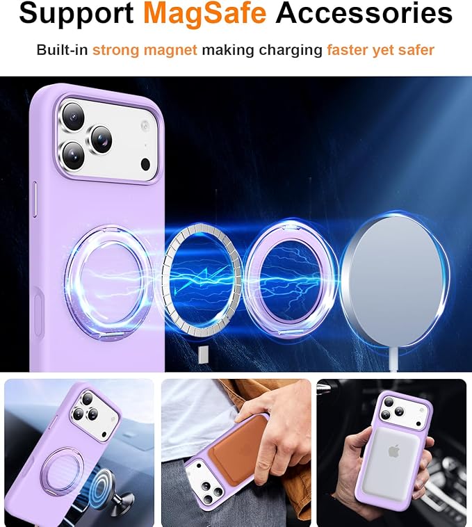 STERKER 360° Rotatable Stand Compatible with iPhone 17 Pro Case with Magnetic [Military Grade Drop Tested][Adjustable Kickstand] Ring Holder Silicone Slim Back Soft Edge Purple