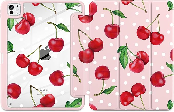 TWOLSKOO Case for iPad Pro 11-inch (M5 2025 / M4 2024) Clear Acrylic Back with TPU Bumper Pencil Holder Trifold Stand Auto Sleep/Wake Cherries