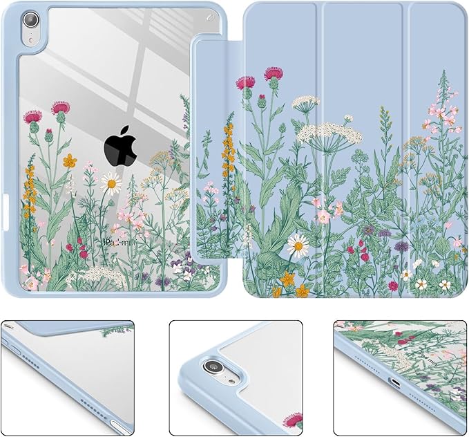 May Chen Slim Case for iPad mini 7 (A17 Pro 7th Generation) 2024 / iPad mini 6 (6th Gen) 8.3 Inch [Built-in Pencil Holder] Shockproof Cover Clear Clear Back Shell Auto Wake/Sleep Herbs Flowers