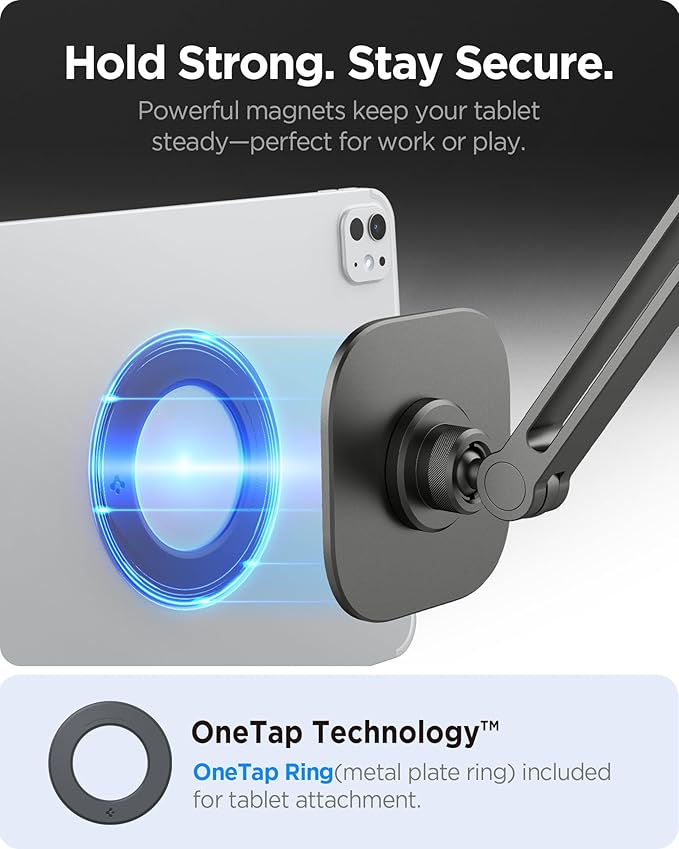 Spigen OneTap Clamp Tablet Stand Designed for All iPad/Pro/Air/Mini Models Compatible with 8.3 / 10.9 / Pro 11 / 12.9 / 13 Premium Adjustable Multi-Angle Magnetic Stand - Space Gray