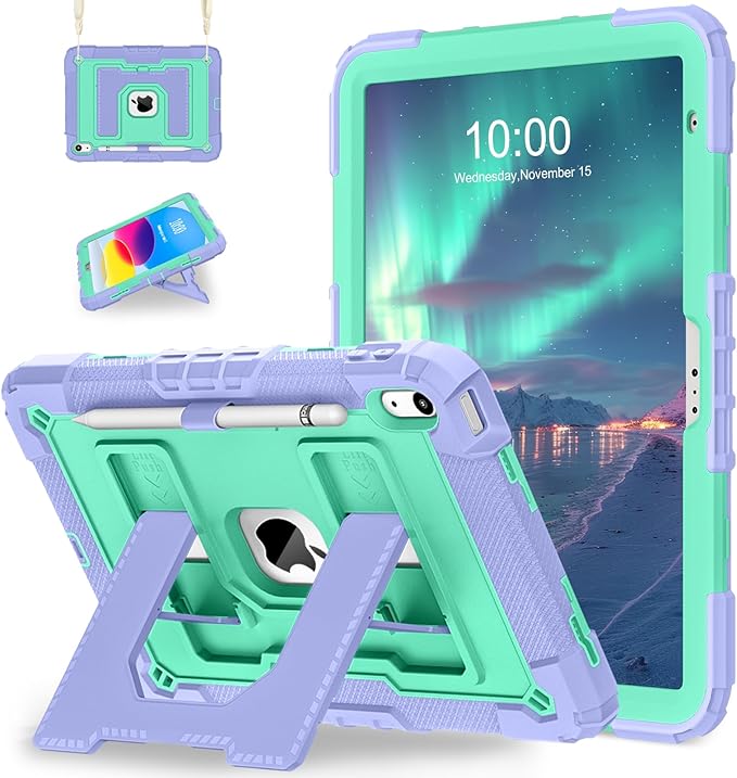 WESOROL Case for iPad A16 11th/10th Generation 2025/2022 with Pencil Holder Shoulder Strap iPad Case 10th Generation Shockproof Cover for iPad 11th/10th Gen CasesPurple Green