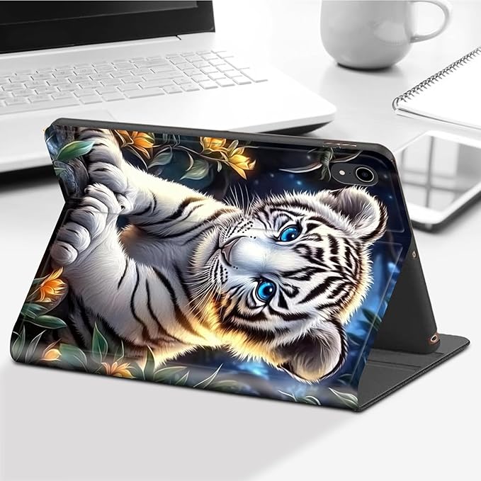 for iPad (A16) 11th Generation Case 11 2025for iPad 10th Gen Case 10.9 2022-Leather Adjustable Stand Smart Cover with S Pen Holder &amp Auto Wake/SleepCute White Tiger