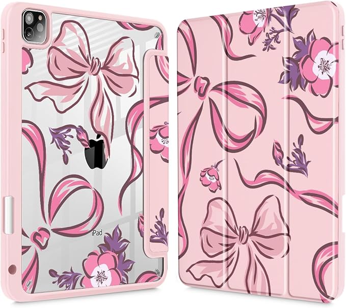 Mektron Case for iPad Pro 11 inch (4th 3rd 2nd &amp 1st Gen) 2022 2021 2020 2018 Buit in Pencil Holder with Shockproof Cover Clear Shell + Auto Wake/Sleep Flowers-Bows-Pink