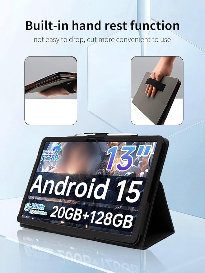 Case for Teclast T65 Tablet 13.4 inch Android 15 TabletsUYRUREL Leather Slim Folding Stand Cover with Hand Strap Magnet for Men Women Full ProtectionBlack.