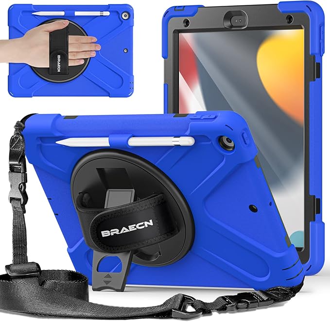 BRAECNstock for Apple iPad 9th/ 8th/ 7th Generation Case 10.2 2021/2020/2019 Shockproof Protective iPad 10.2 inch Kids Case with Screen Protector Pencil Holder Rotating Stand+Hand Strap Blue