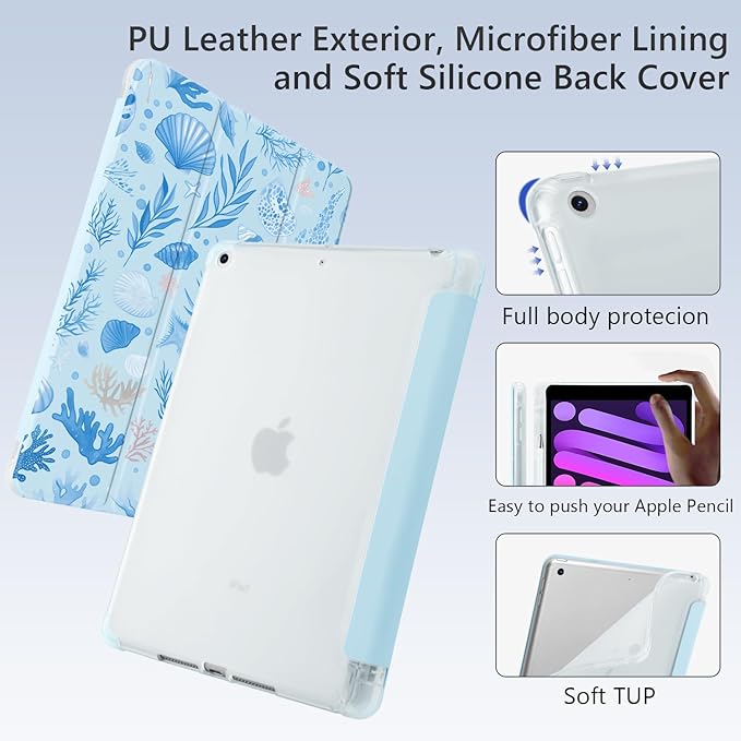 Cute Sea Shell Ocean for iPad 7th/8th/9th Generation Case with Pencil Holder Auto Sleep/Wake Blue Leather Soft TPU Back Cover for iPad 10.2 Inch 2019/2020/2021