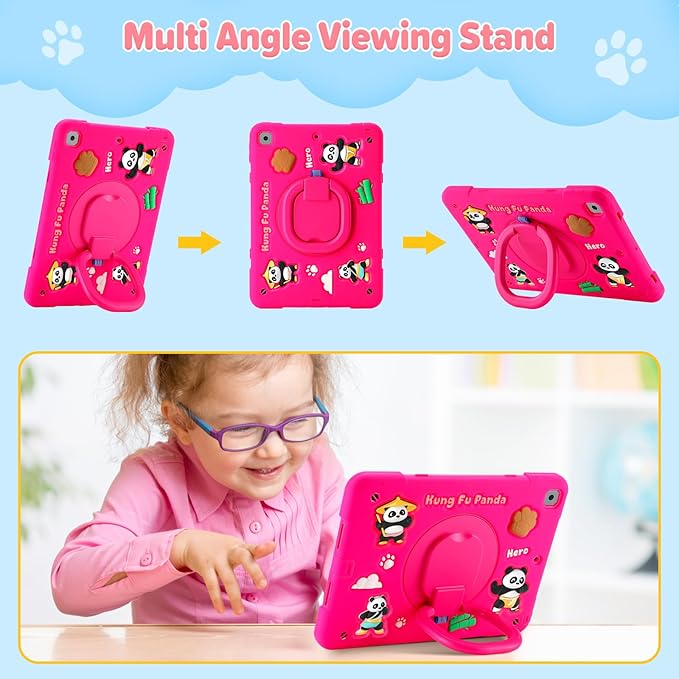 Case for iPad 9th/8th/7th Generation iPad 10.2 Inch 2021/2020/2019 Funny Cartoon Silicone 3D Panda Design Kids Case Heavy Duty Protection with Stand/Pencil Holder/Shoulder Strap (Rose)