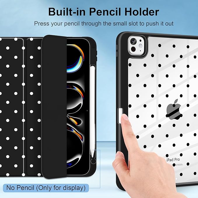 MecBevia Case for iPad Pro 11 inch M5 2025 / M4 2024 (6th/5th Gen) A3357 A3358 A3359 A2836 A2837 A3006 – Built-in Pencil Holder &amp Auto Wake/Sleep Polka Dot
