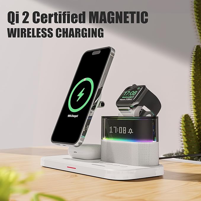 15W 5 in 1 Wireless Charging Station with Alarm Clock for Apple Magnetic Wireless Charger with Clock for iPhone 17/16/15/14/13/12 iWatch Ultra10/9/8/7/6 Pods