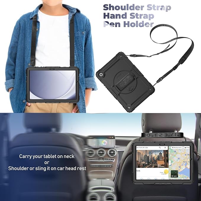 Bundle of Case for Samsung Galaxy Tab A9 Plus 11 Inch 2023 with Tempered Glass Screen Protector Pencil HolderBLOSOMEET Galaxy A9+ Plus Tablet Case with Shoulder Strap Hand Strap&ampStandBlack