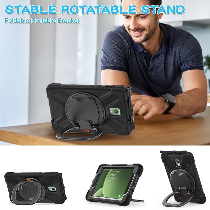 Rugged Case for Samsung Galaxy Tab Active5 5G (SM-X306B/X300) w/ 360° Rotating Hanging Ring Handle Grip Kickstand Heavy Duty Shock-Proof Armor Cover w/Shoulder Strap Stylus Holder (Black)
