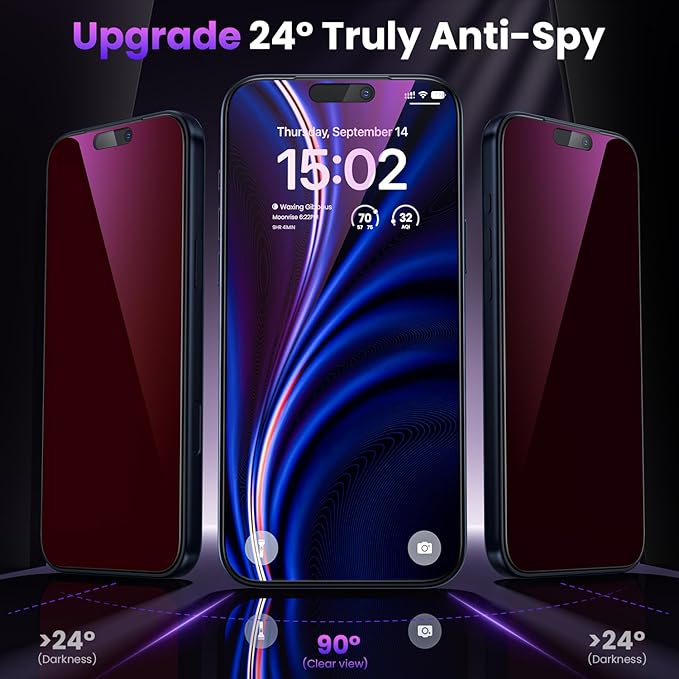 WSKEN for iPhone 17 Pro Privacy Screen Protector - Purple Gradient Anti Blue Light Eye Protection [Auto-Dust Removal] Shatterproof Tempered Glass Screen Protector 17 Pro 2 Pack