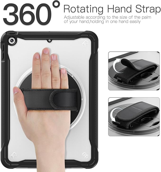 BRAECNstock for iPad 9th/ 8th/ 7th Generation Case 10.2 2021/2020/2019Shockproof Cover with 360° Rotating Hand Strap/StandScreen ProtectorCarrying Shoulder StrapPencil Holder(Black)