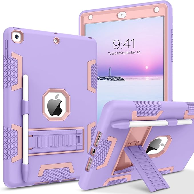 BENTOBEN iPad Case - 3 in 1 Heavy Duty Rugged Shockproof Protective Cover with Stand &amp Pen Holder Purple