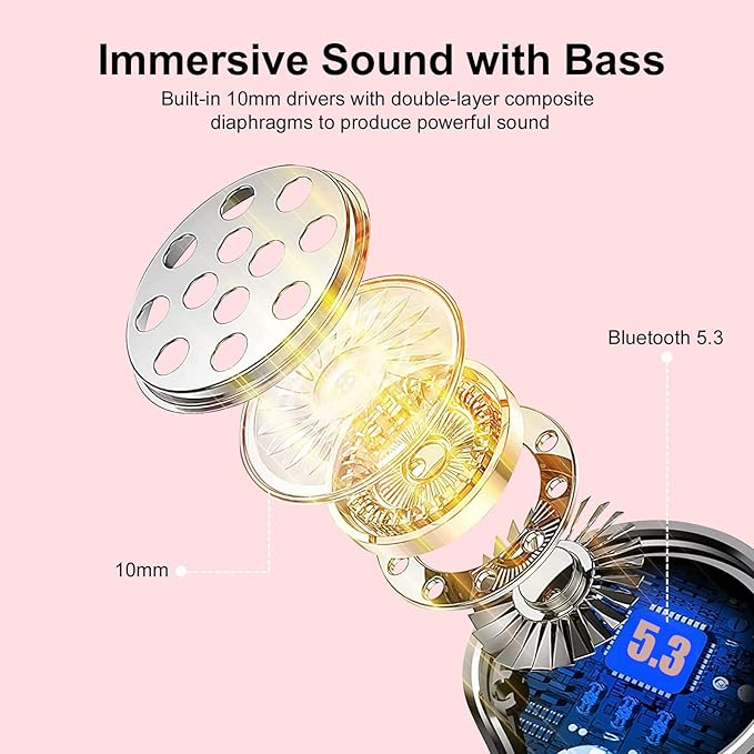 Ear Buds Wireless Earbuds HiFi Stereo Bluetooth 5.3 Running Headphones with Dual LED Display 30Hrs Playtime Built-in Mic Type-C in-Ear Bluetooth Earphones with Earhooks for Sport Rose Gold