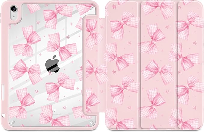 DONGKE Case for iPad (A16) 11th Generation 11 inch 2025 &amp iPad 10th Gen 10.9 inch 2022 [Built-in Pencil Holder] Clear Acrylic Back Trifold Stand Smart Cover Auto Sleep/Wake Gingham Bows