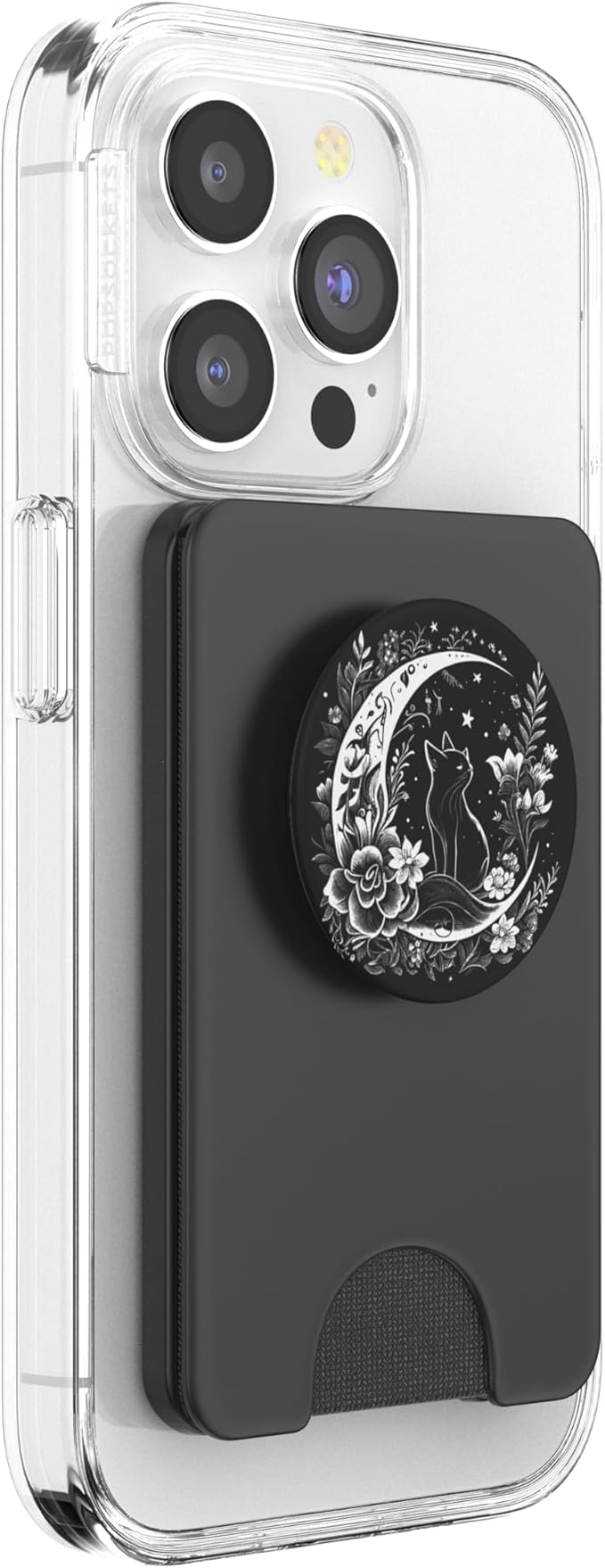 Cat Sitting On Crescent Moon Flowers Stars Drawing Women PopSockets PopWallet for MagSafe
