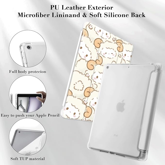 Idocolors Cute Kawaii Sheep Pad Case for 13 Inch iPad Air(2024) Clear TPU Trifold Stand Back Cover with Pencil Holder Auto Wake/Sleep Foldable Shockproof Protective Case