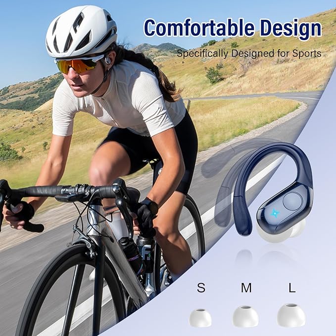 Wireless Earbuds Bluetooth Headphones Stereo Deep Bass Sports Ear Buds with Earhooks Bluetooth Earbuds LED Display IP7 Waterproof Earphone Dark Blue
