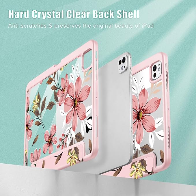 Mektron Case for M5/ M4 iPad Pro 11 inch 2025/2024 with Pencil Holder Compatible Models: A3357/A3358/A3359/A2836/A2837/A3006 Shockproof Cover Clear Shell Floral C293