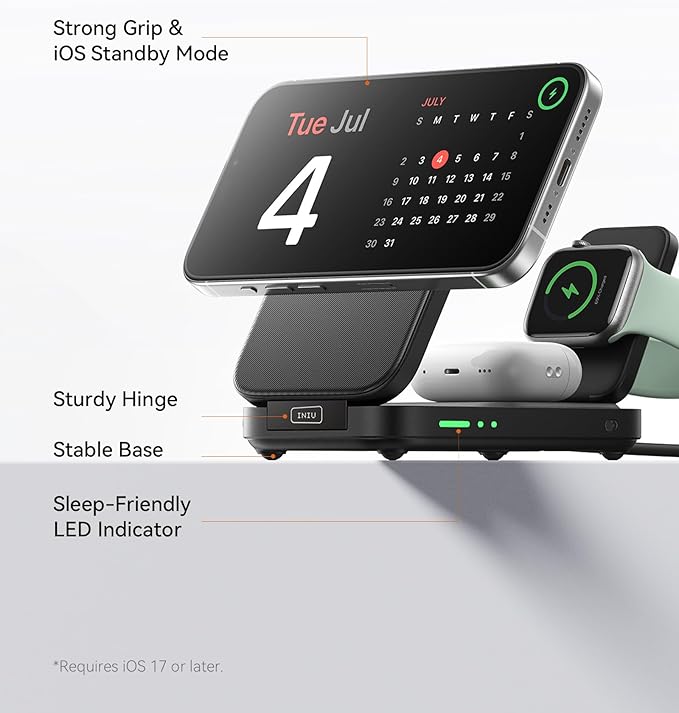 INIU 3 in 1 Wireless Charging Station Qi2 Certified 15W Travel Charger for Apple Multiple Devices Foldable Magnetic Wireless Charger Stand for iPhone 17 16 15 14 13 12 Series Apple Watch AirPods