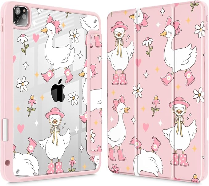 May Chen for iPad Pro 11 inch M2 4th Generation 2022 iPad Pro 11 3rd/2nd/1st Gen Built-in Pencil Holder with Shockproof Cover Clear Transparent Back Shell Auto Wake/Sleep Cute Goose Spring
