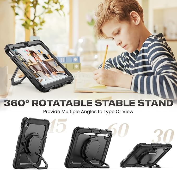 SEYMAC stock Shockproof Tablet Case for iPad (A16) 11th/10th Generation 11''/10.9'' Full-Body Drop Protection Case with Pencil Holder &amp [360 Ring Handle Stand] Screen Protector (Black)