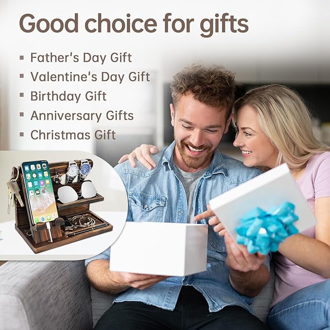 Nightstand Organizer with Phone Docking Station and Desk Organizer - Brown Wooden Gift for Men and Dad