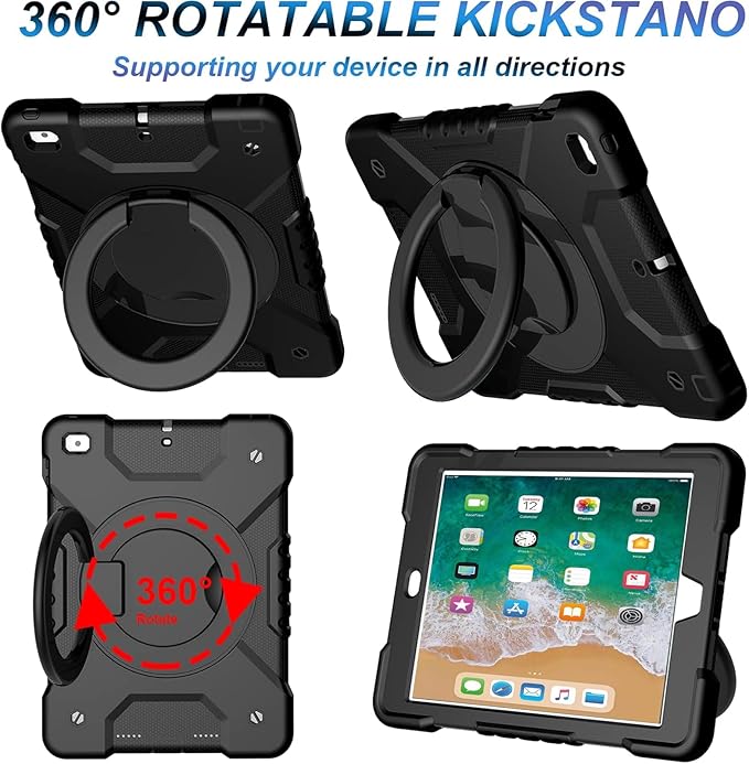 Case for iPad 6th/5th Generation 9.7 inch 2018/2017 Case iPad Air 2/Pro 9.7 inch Heavy Duty Protective Cover with 360° Rotate Handle Stand Pencil Holder Shoulder Strap (Black)
