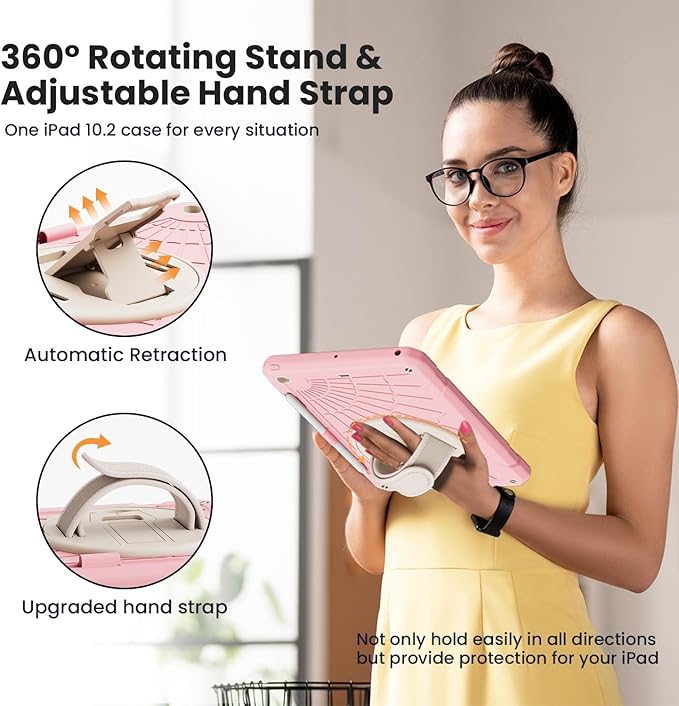 for iPad 9th Generation 2021/ iPad 8th Generation 2020/ iPad 7th Generation 2019 Case with Screen Protector Pencil Holder [360° Rotating Hand Strap] &amp Stand for iPad 10.2 inch (Pink)
