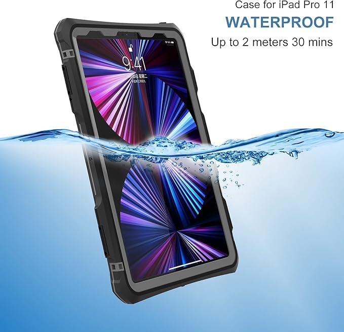 ShellBox Case New iPad Pro 11 inch 2022&amp2021&amp2020 Waterproof Case Full-Body Heavy Duty Shockproof Protective Cover with Kickstand Built-in Screen Protector Pencil Holder Shoulder Strap