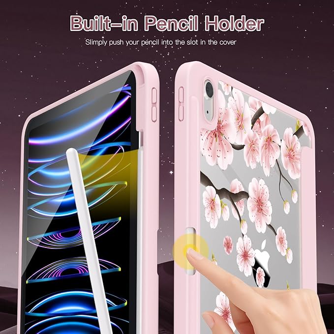 Teryeefi for iPad (A16) 11th Generation Case 11 Inch 2025 Release for iPad 10th Generation 10.9 Inch 2022 Protective Shell with Pencil Holder TPU+Crystal Hard Back CoverCherry Blossoms