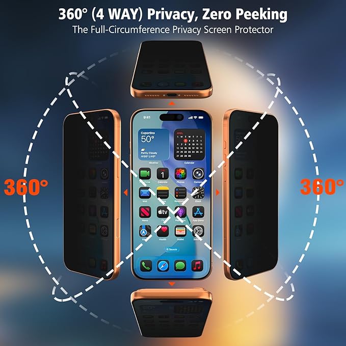 Elecshion 4 Way 360° Anti Spy for iPhone 17 Pro Max Privacy Screen Protector + Camera Lens Protector (2+2) Auto-Align Kit 10X Military Shatterproof Anti Peep Tempered Glass Film for 17 Pro Max