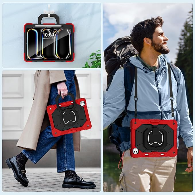 WESOROL for iPad Pro 13 Inch Case M5 2025/M4 (2024 Model7th Gen) with Screen Protector/360° Rotating Stand/Pencil Holder/Shoulder StrapMilitary Grade Shockproof iPad Case 13 Inch Pro M5/M4Red Black