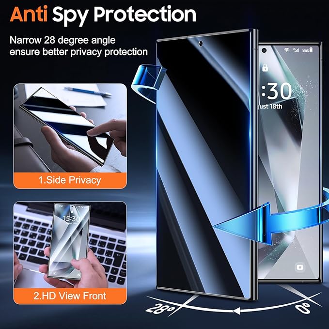 UniqueMe for S24 Ultra Privacy Screen - 2 PACK Samsung Galaxy S24 Ultra Privacy Screen Protector [Fingerprint Unlocking] Easy InstallationBubble-FreeAnti-Spy9H Tempered Glass3D Full-coverage