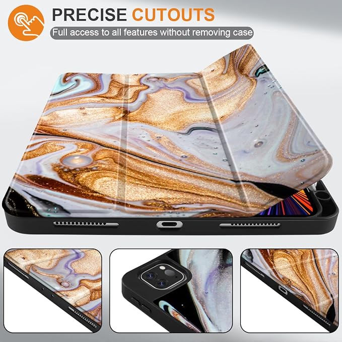 DONGKE Case for 2022/2021/2020/2018 iPad Pro 11 inch Gen 4/3/2/1 - Slim Protective Case - Built in Pencil Holder Support Charging - Trifold Stand &amp Sleep/Wake Cover- Black Marble