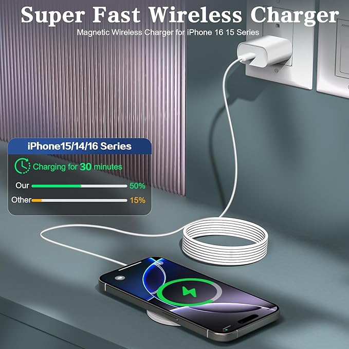 Magnetic Wireless Charger 2Pack Apple 10FT Magsafe ChargerFast Mag-Safe Charging Wireless iPhone Charger Pad with Charging Plug for iPhone 16Pro Max/16Pro/16Plus/15Pro Max/15/14/13/12/AirPods3/Pro 2