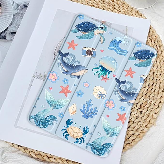 Cartoon Sea Turtle for iPad Air 11 M3(2025)/M2(2024)iPad Air 5th/4th Gen 10.9 Kawaii Animal Clear Hard Back Hybrid Casewith Pencil Holder Trifold Stand Tablet Cover for Women