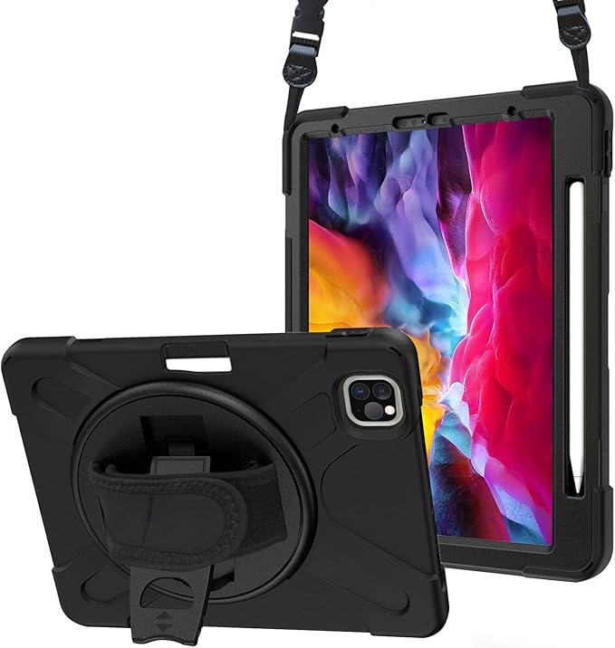 ProCase iPad Pro 11 inch Case 2021 2020 2018 with Apple Pencil Holder Rugged Heavy Duty 360 Rotating Kickstand Protective Cover with Shoulder Strap for iPad Pro 11” 3rd Gen / 2nd Gen / 1st Gen –Black