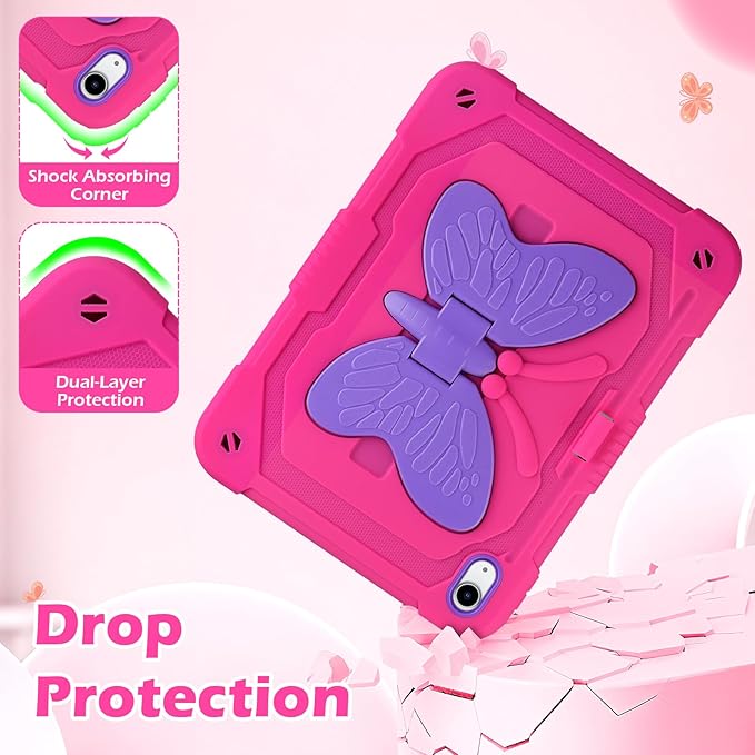 VOFUOE for iPad A16 Case 11th Generation 2025 11 Inch for iPad 10th Generation Case 2022 10.9 Inch for Kids Girls with Butterfly Stand Shoulder Strap Pencil Holder Hard Cover-Hot Pink &amp Purple Wi