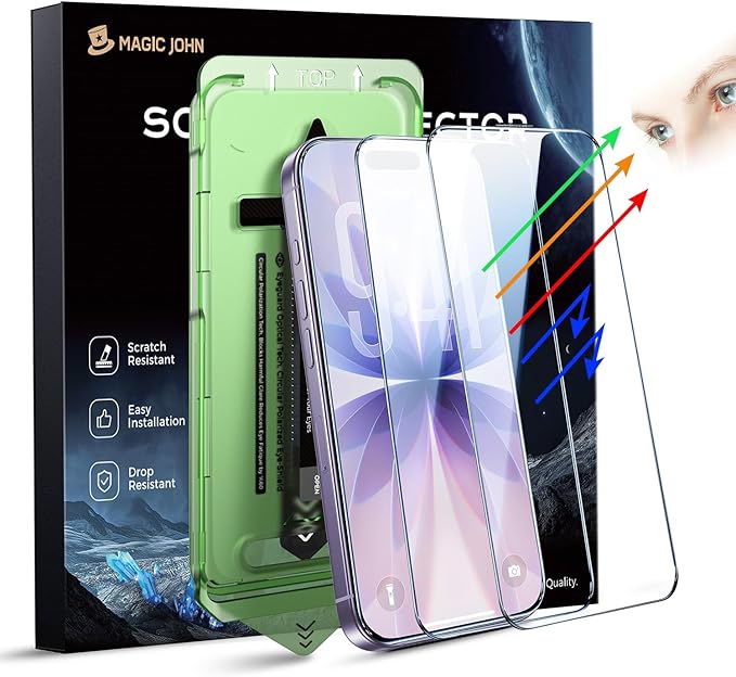 MAGIC JOHN 2 PACK for iPhone 17(6.3) Eye Protection Screen Protector HD Clear Auto Dust-Elimination 9H Tempered Glass &amp Scratch Resistance Full Edge Coverage
