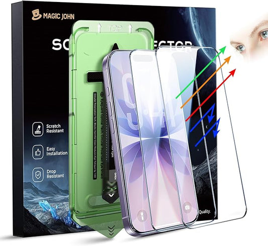 MAGIC JOHN 2 PACK for iPhone 17(6.3) Eye Protection Screen Protector HD Clear Auto Dust-Elimination 9H Tempered Glass &amp Scratch Resistance Full Edge Coverage