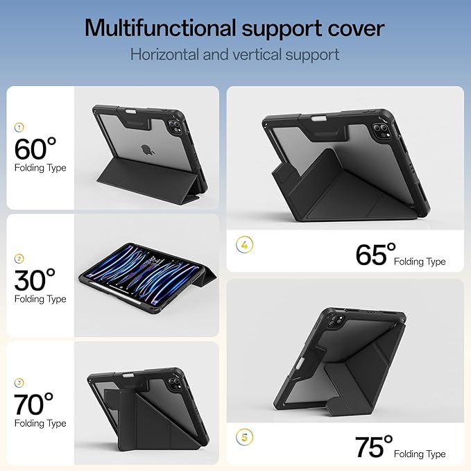 Case for iPad Pro 11 inch (4th/3rd/2nd Generation) 2022/2021/2020 with Clear Back Multi-Angle Stand Soft Silicone &amp Shockproof Tablet Protective Case (Black)