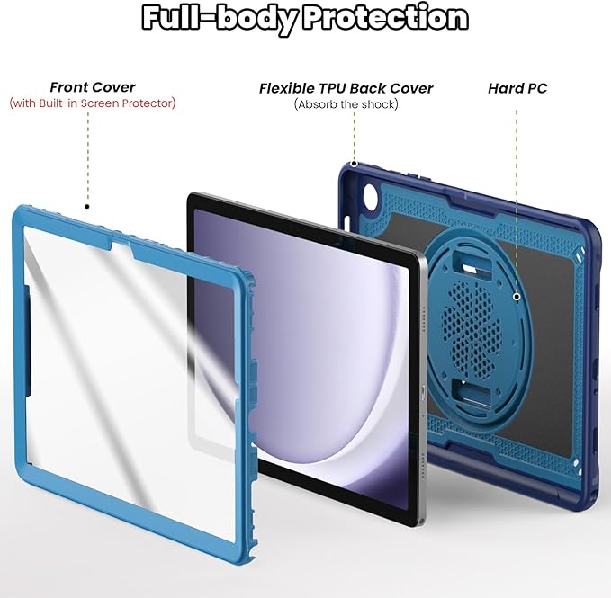 SEYMAC for Samsung Galaxy Tab A9+ Plus Case 11 2023 (SM-X210/X216/X218) Full-Body Shockproof Protective Case with Screen Protector Rotating Stand and Hand/Shoulder Strap Navy Blue