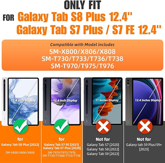 SEYMAC stock Case for Samsung Galaxy Tab S7 FE / S8 Plus 5G Case 12.4'' with Screen Protector Pencil Holder [360 Rotating Hand Strap] &ampStand Drop-Proof SkyBlue/Black